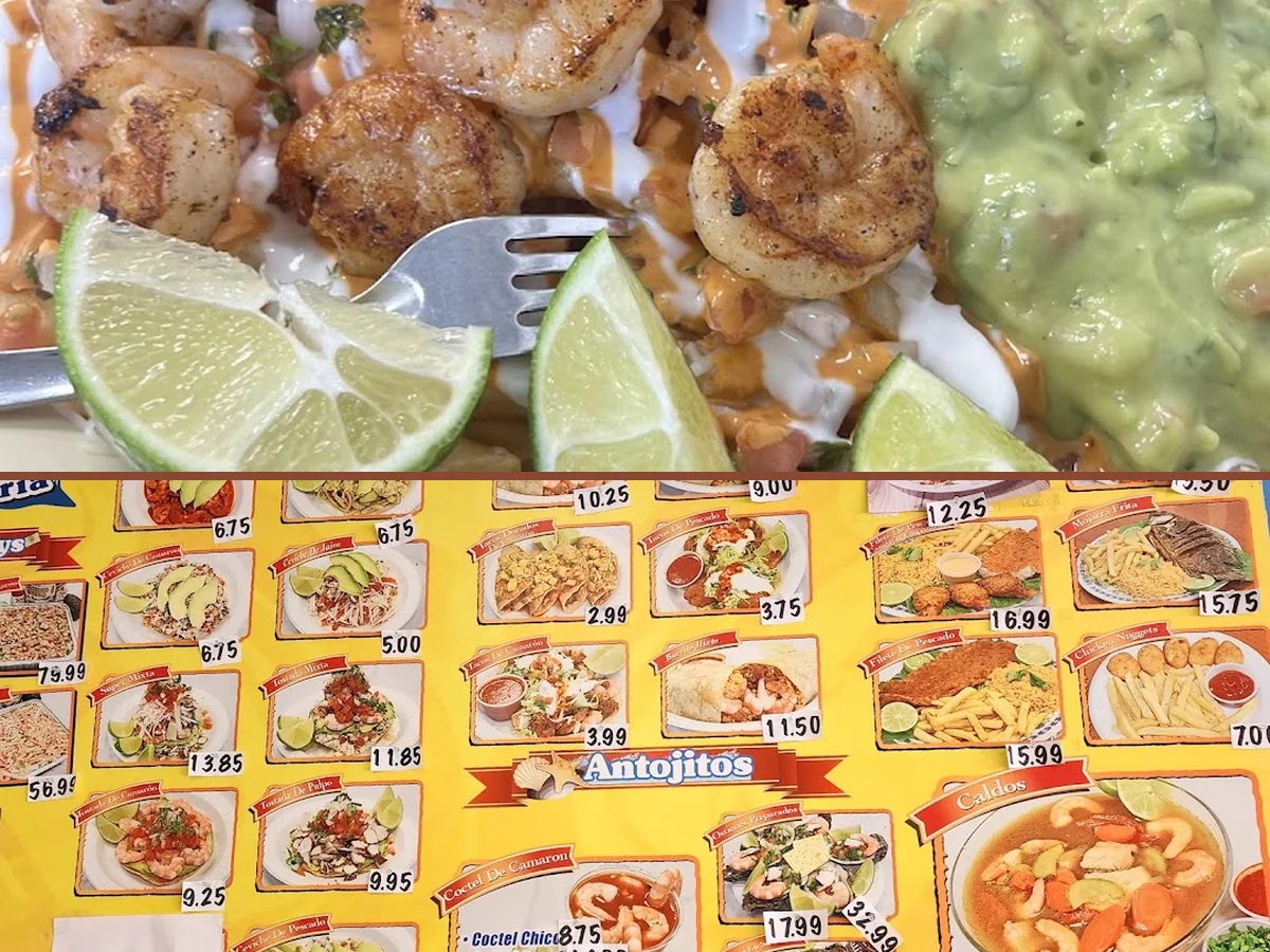 Ceviche, tacos, and cocteles on display.