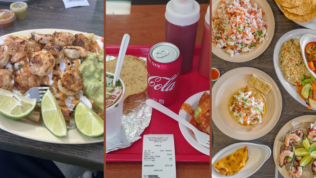 Ceviche, tacos, and cocteles on display.
