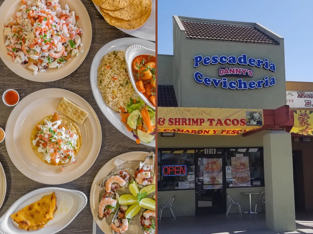 Ceviche, tacos, and cocteles on display.